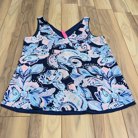 EUC! Lilly Pulitzer Florin Reversible Top High Tide Navy Holy Flockamolie Size S - Picture 2 of 14
